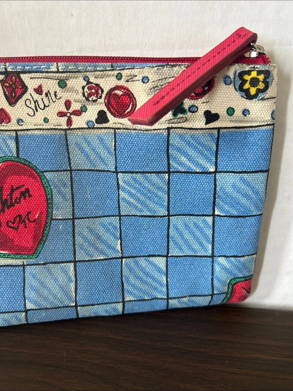 Brighton Blue Grid Cosmetic Pouch with Red Heart Accent